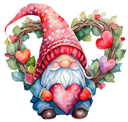Watercolor and painting cute Gnome with red heart and flowers and green leaves garland on transparent. Valentine day holiday conceptの素材