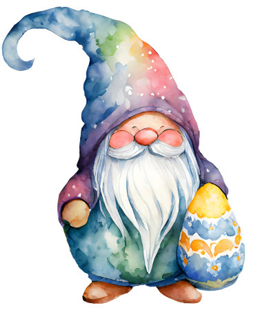 Watercolor and painting cute Gnome with colorful eggs on transparent. Easter day holiday conceptの素材