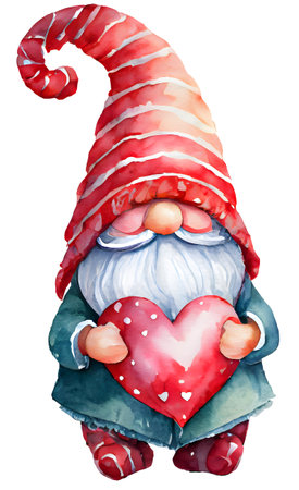Watercolor and painting cute Gnome with red heart on transparent. Valentine day holiday conceptの素材