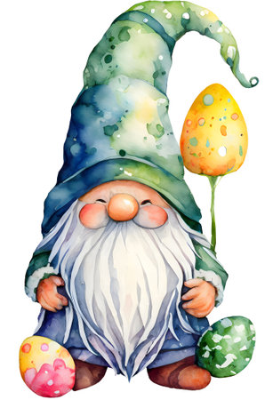 Watercolor and painting cute Gnome with colorful eggs on transparent. Easter day holiday conceptの素材