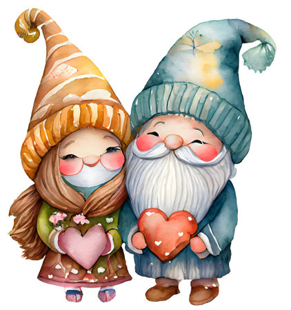 Watercolor and painting cute couple sweet love Gnome with red heart on transparent. Valentine day holiday conceptの素材