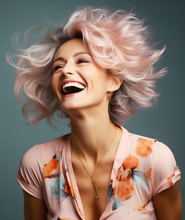 Happy smiling portrait of Caucasian Senior older woman fashion in pink dress on dark, backgroundの素材