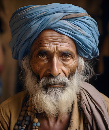 Closed up portrait Tribal Ethiopia indian elderly man in ethnic tradition and culture of clothing with colorful turban native of homeless in India casteの素材