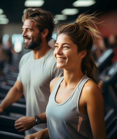 Smiling Caucasian couple is exercising for running on the treadmill machine together while cardio workout at sport gym fitnessの素材