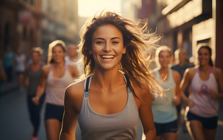 Smiling Caucasian Female athlete running marathon outdoors on the road in the city. Young woman training running in sunshine dayの素材