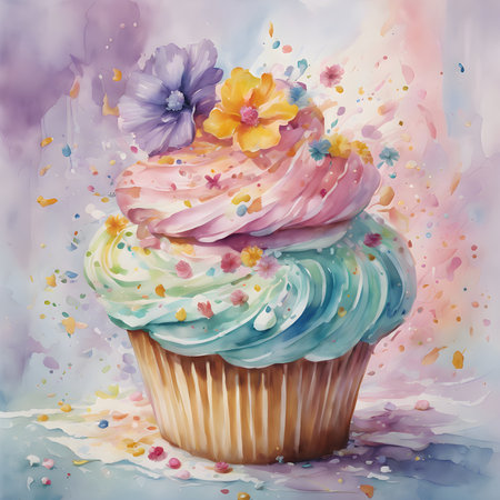 Watercolor Homemade Creamy blue and purple pink cupcake with yellow flower on toppingの素材