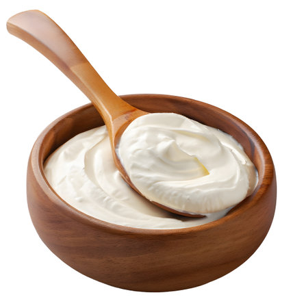 Sour cream or natural yoghurt and spoon in a wooden bowl isolated on white backgroundの素材