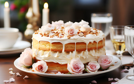 Homemade bakery cream cheese frosting on delicious cakes and berries pancakes decorated with blooming flowers on topping on wooden table near windowの素材