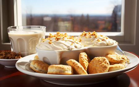 Homemade bakery American biscuits from scratch covered with thick white sausage pepper gravy on white plate near windowの素材