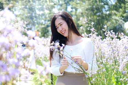 Beautiful Asian woman is smiling and relaxing in blooming purple Murdannia giganteum flowers fieldの写真素材
