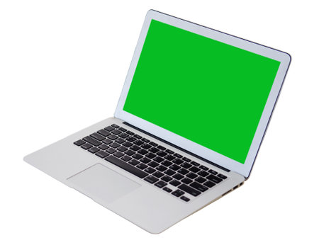 Mock up modern Laptop with green screen isolated on white backgroundの写真素材