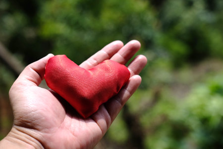 Woman hand holding red cloth sewn into the shape of a heart. Valentine day concept.の写真素材