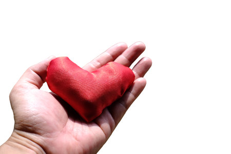 Woman hand holding red cloth sewn into the shape of a heart isolated on white background. Valentine day concept.の写真素材