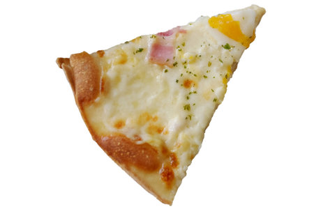 Slice of hot delicious a piece of ham and cheese pizza isolated on white background with clipping path. Food clip art and elementの写真素材