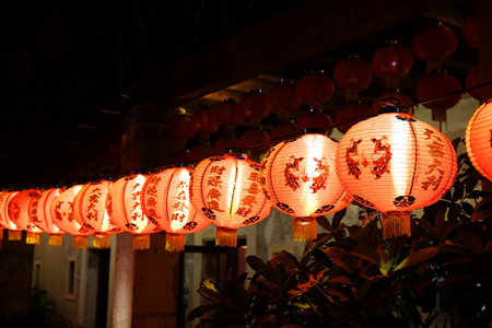 Traditional red Chinese paper lantern with Chinese characters hanging on Chinese New Year holiday in...