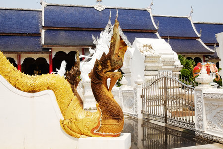 Golden Naga statue and ancient stucco art in front of golden ancient pagoda of buddhism at Wat Den Sali Si Mueang Kaen temple in Chiang Mai Province in Thailandの写真素材