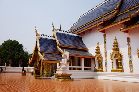 Buddha statue in meditation posture stucco carvings decorated at ancient wat Den Sali Si Mueang Kaen temple in Chiang Mai Province in Thailandの写真素材