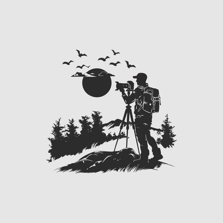 Photographer with camera and tripod in the forest. Vector illustration.のイラスト素材