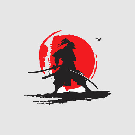 Samurai silhouette with sword and sunset. Japanese warrior. Vector illustration.のイラスト素材