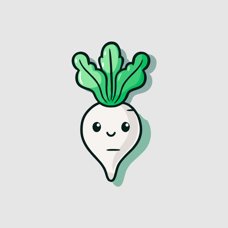 Cute radish character with green leaves. Vector illustration in cartoon styleのイラスト素材
