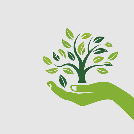 Human hand holding a green tree. Vector illustration. Ecology concept.のイラスト素材