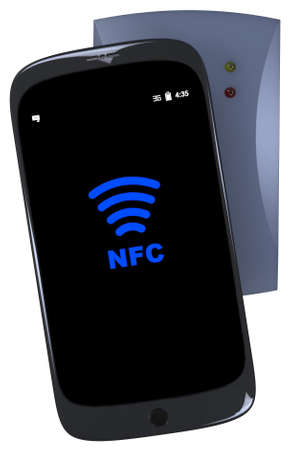 Generic smartphone touches nfc reader isolated on whiteの写真素材
