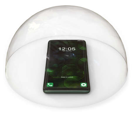 Generic smartphone inside transparent dome isolated on white