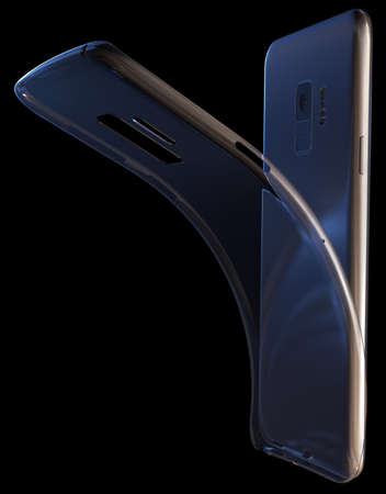 Generic smartphone with transparent case isolated on blackの写真素材