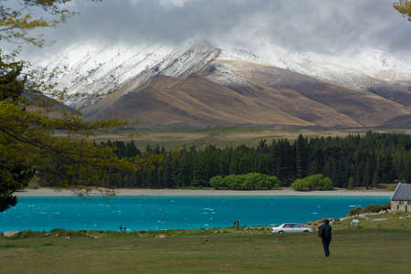 Lake Tekapo and mountains in New Zealandの写真素材