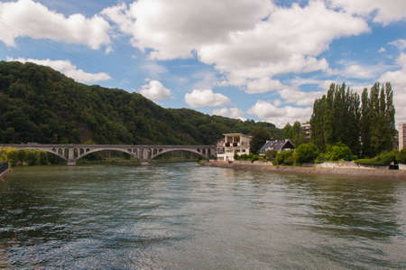 Meuse river in Huy, Belgiumの写真素材