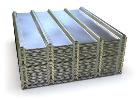 Stack of metal profile sheets isolated on whiteの写真素材