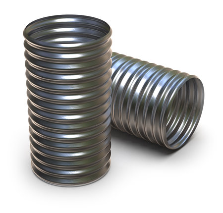 Corrugated metal pipe isolated on whiteの写真素材