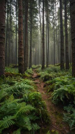 Path through the coniferous forest in the morning, UK.の写真素材
