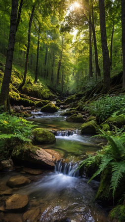 Mountain stream in the forest. Summer landscape in the forest.