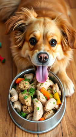 Cute dog with bowl of meat and vegetables on wooden background.の写真素材