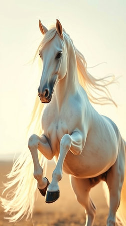 Beautiful white arabian stallion with long mane at sunsetの写真素材