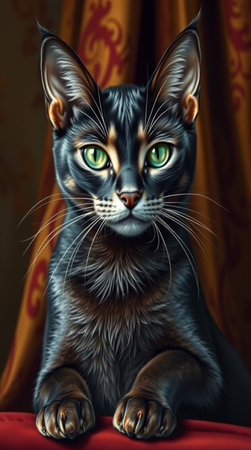 Portrait of a black cat with green eyes on a red background.の写真素材