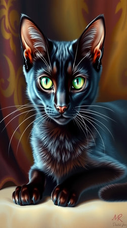 Beautiful black cat with green eyes on a dark background. Vector illustration.の写真素材