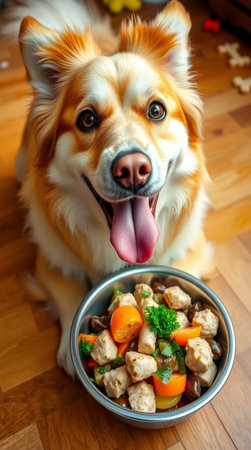 Cute corgi dog with bowl of healthy food on the floorの写真素材