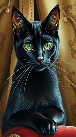 Black cat with green eyes sits on a red chair in the interiorの写真素材