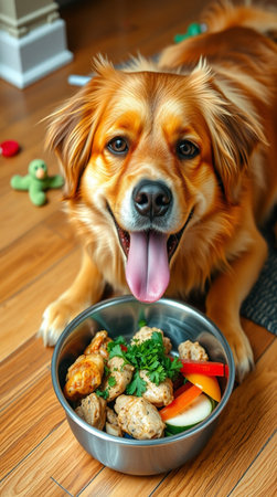 Cute Golden Retriever dog with food in bowl at homeの写真素材
