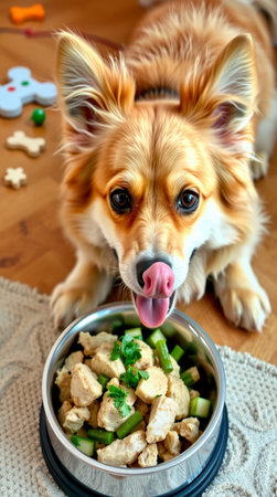 Corgi dog eating food from a bowl. Close-up.の写真素材