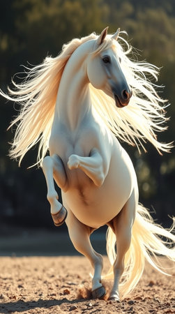 Beautiful white arabian stallion with long mane in motionの写真素材
