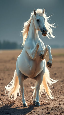 Beautiful white stallion with long mane in the field.の写真素材