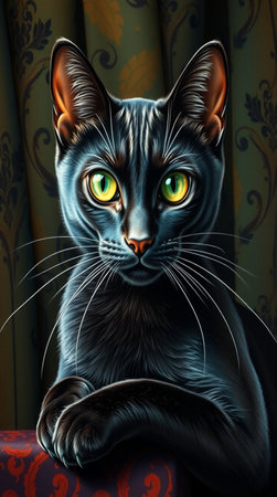 Black cat with green eyes sitting on a sofa. 3D renderingの写真素材