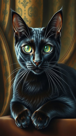 Black cat with green eyes on a background of curtains. 3d illustrationの写真素材