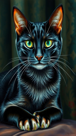 Portrait of a black cat with green eyes on a dark backgroundの写真素材