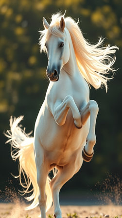 Beautiful white arabian stallion with long mane in motionの写真素材