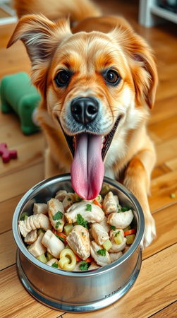 Cute dog eating food from a bowl at home. Healthy food concept.の写真素材