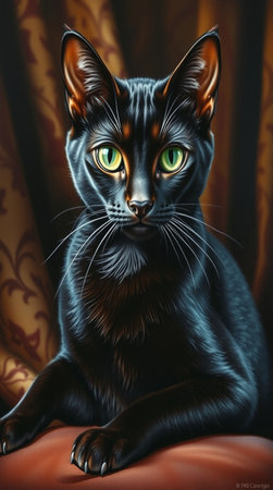 Black cat with green eyes sitting on the sofa. 3d renderingの写真素材
